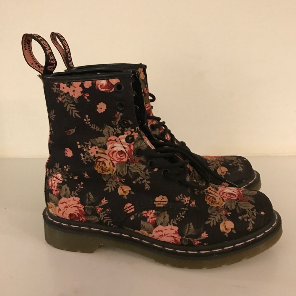 Doc Martens Floral Combat Boots - Black and Pink